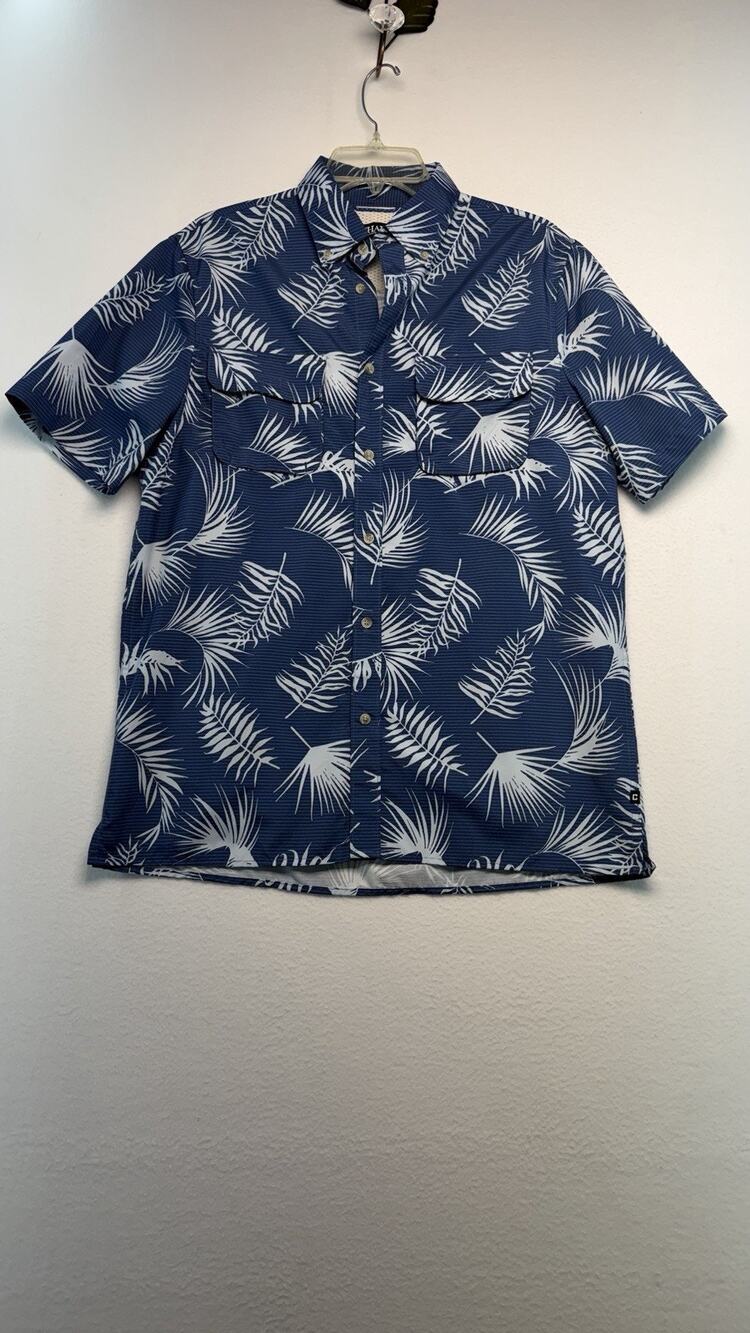 Chaps Men M Blue Palm Leaf HAWAIIAN Button Up Front Pocket Outdoor Casual Shirt